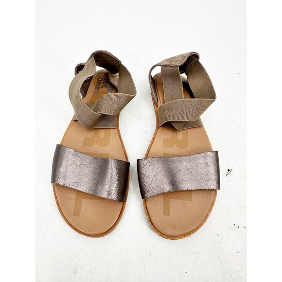 Sorel Ella Sandal Pewter Metallic Ash Brown Leather Sandals Women’s Size 7.5 - Picture 2 of 5